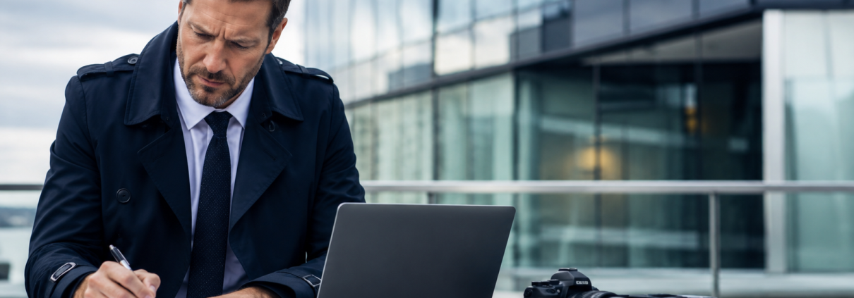Détective privé réalisant une enquête professionnelle pour le compte d’une entreprise