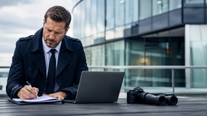 Détective privé réalisant une enquête professionnelle pour le compte d’une entreprise
